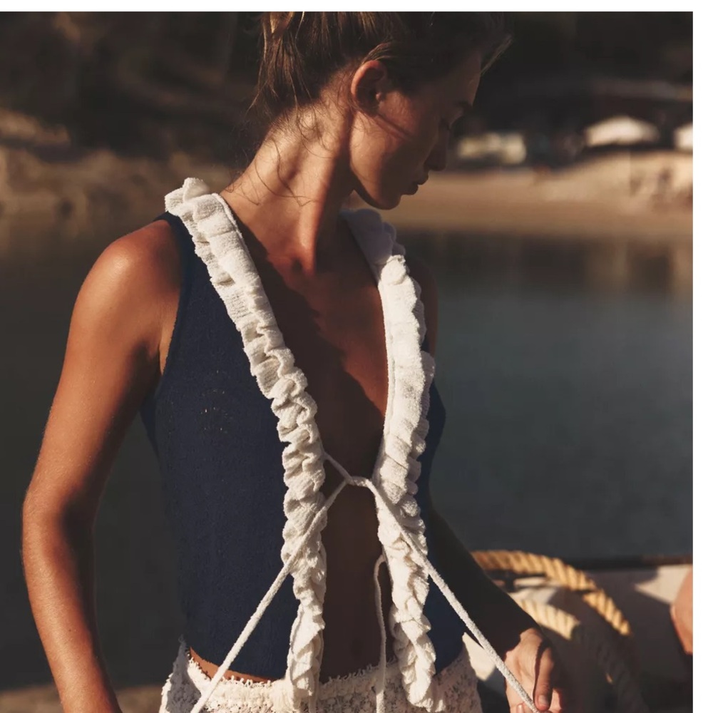 Navy and White Ruffled Top - Picture 3 of 5